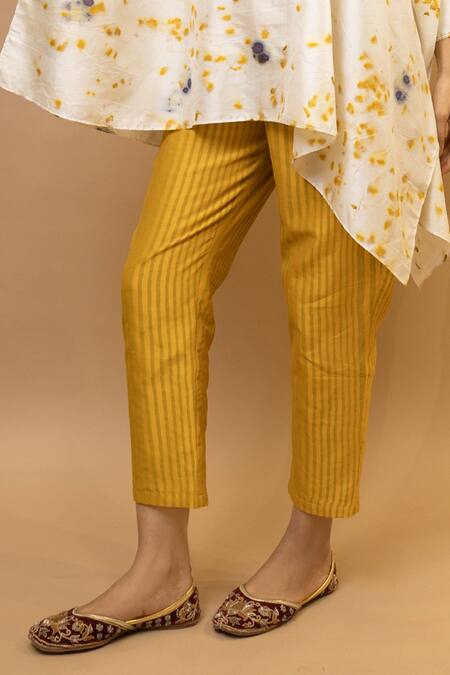 Buy_Krishna Mehta_Yellow Silk, Chanderi Embroidery Marigold Floral Kaftan Top And Striped Pants _Online_at_Aza_Fashions