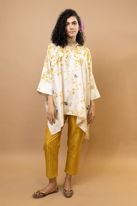 Shop_Krishna Mehta_Yellow Silk, Chanderi Embroidery Marigold Floral Kaftan Top And Striped Pants _Online_at_Aza_Fashions