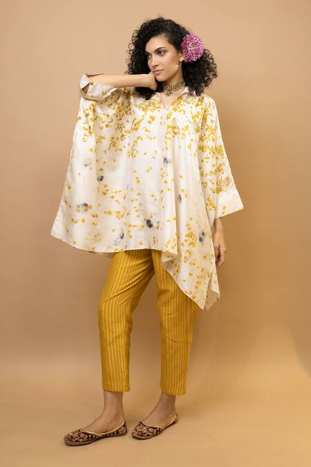 Krishna Mehta_Yellow Silk, Chanderi Embroidery Marigold Floral Kaftan Top And Striped Pants _at_Aza_Fashions