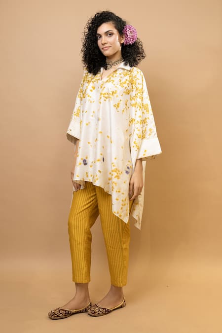 Buy_Krishna Mehta_Yellow Silk, Chanderi Embroidery Marigold Floral Kaftan Top And Striped Pants 
