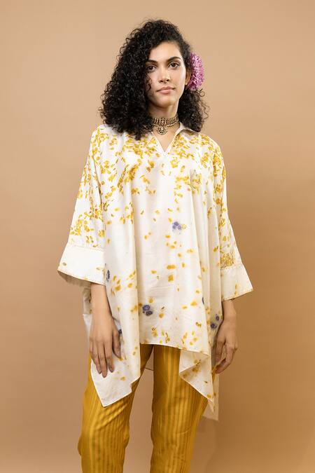 Krishna Mehta Yellow Silk, Cotton Round Neck Marigold And Rose Petals Kaftan Top Online at Aza Fashions Krishna Mehta_Yellow Silk, Cotton Round Neck Marigold And Rose Petals Kaftan Top _Online_at_Aza_Fashions