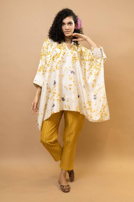 Buy Krishna Mehta Yellow Silk, Cotton Round Neck Marigold And Rose Petals Kaftan Top Online at Aza Fashions Buy_Krishna Mehta_Yellow Silk, Cotton Round Neck Marigold And Rose Petals Kaftan Top _Online_at_Aza_Fashions