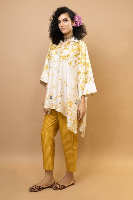 Shop Krishna Mehta Yellow Silk, Cotton Round Neck Marigold And Rose Petals Kaftan Top Online at Aza Fashions Shop_Krishna Mehta_Yellow Silk, Cotton Round Neck Marigold And Rose Petals Kaftan Top _Online_at_Aza_Fashions