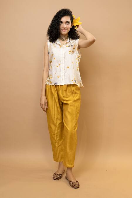 Krishna Mehta_White Silk Collared Marigold Rose Petals Sleeveless Shirt _Online_at_Aza_Fashions