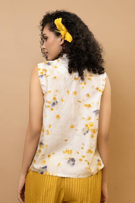 Shop_Krishna Mehta_White Silk Collared Marigold Rose Petals Sleeveless Shirt _at_Aza_Fashions