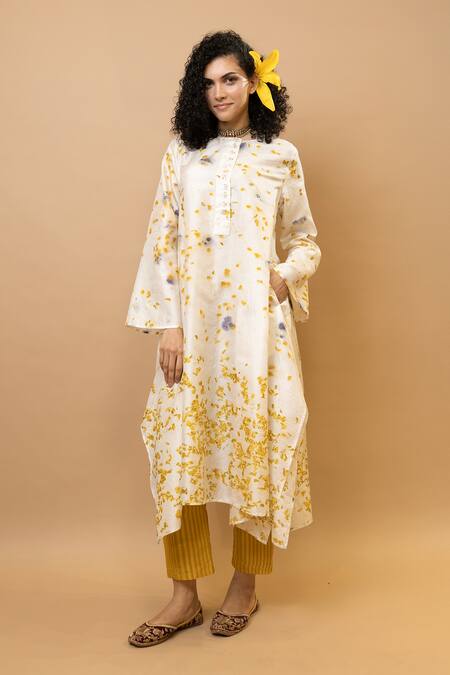 Shop Krishna Mehta Yellow Silk Round Neck Marigold Floral Long Tunic Online at Aza Fashions Shop_Krishna Mehta_Yellow Silk Round Neck Marigold Floral Long Tunic _Online_at_Aza_Fashions