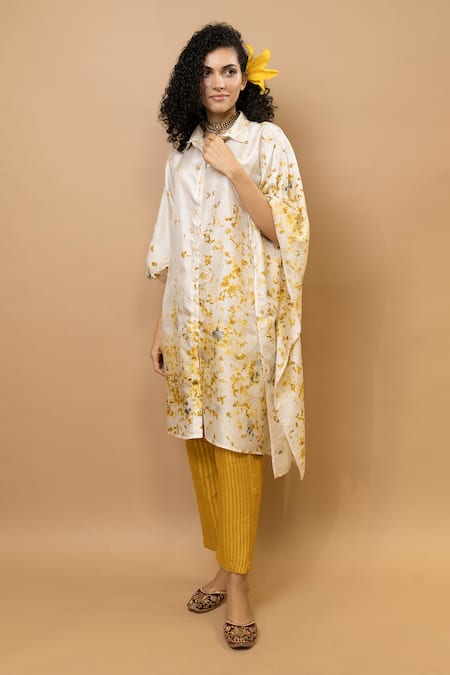 Buy Krishna Mehta White Silk, Cotton Floral Tunic And Striped Pants Set Online at Aza Fashions Buy_Krishna Mehta_White Silk, Cotton Floral Tunic And Striped Pants Set _Online_at_Aza_Fashions