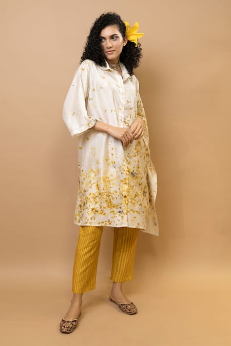 Shop Krishna Mehta White Silk, Cotton Floral Tunic And Striped Pants Set Online at Aza Fashions Shop_Krishna Mehta_White Silk, Cotton Floral Tunic And Striped Pants Set _Online_at_Aza_Fashions