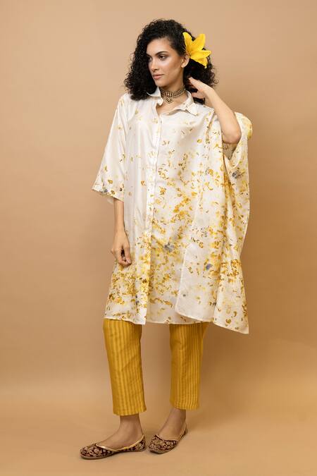 Krishna Mehta White Silk, Cotton Floral Tunic And Striped Pants Set at Aza Fashions Krishna Mehta_White Silk, Cotton Floral Tunic And Striped Pants Set _at_Aza_Fashions