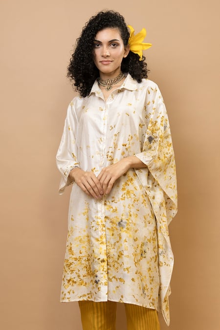 Buy Krishna Mehta White Silk, Cotton Floral Tunic And Striped Pants Set Buy_Krishna Mehta_White Silk, Cotton Floral Tunic And Striped Pants Set