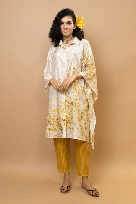 Shop Krishna Mehta White Silk, Cotton One Shoulder Marigold Floral Collared Kaftan Online at Aza Fashions Shop_Krishna Mehta_White Silk, Cotton One Shoulder Marigold Floral Collared Kaftan _Online_at_Aza_Fashions