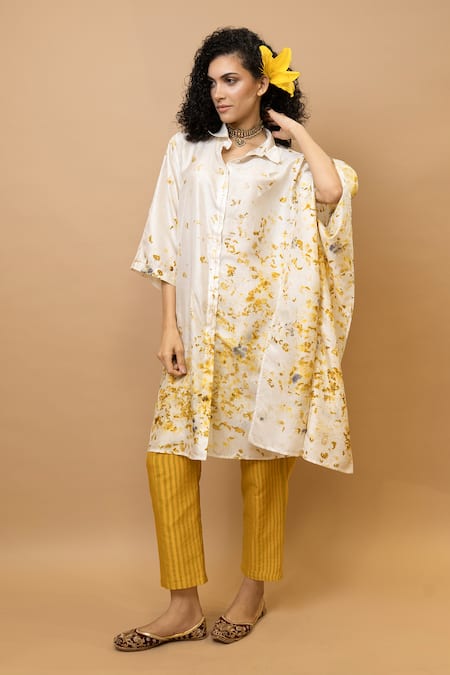 Krishna Mehta White Silk, Cotton One Shoulder Marigold Floral Collared Kaftan at Aza Fashions Krishna Mehta_White Silk, Cotton One Shoulder Marigold Floral Collared Kaftan _at_Aza_Fashions