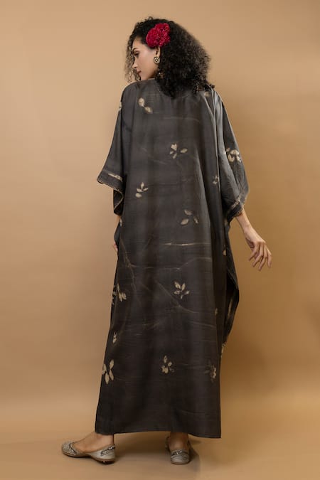 Shop Krishna Mehta Black Silk V-neck Neelkant Long Kaftan at Aza Fashions Shop_Krishna Mehta_Black Silk V-neck Neelkant Long Kaftan _at_Aza_Fashions