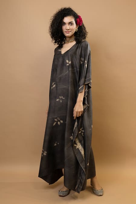 Krishna Mehta Black Silk V-neck Neelkant Long Kaftan Online at Aza Fashions Krishna Mehta_Black Silk V-neck Neelkant Long Kaftan _Online_at_Aza_Fashions