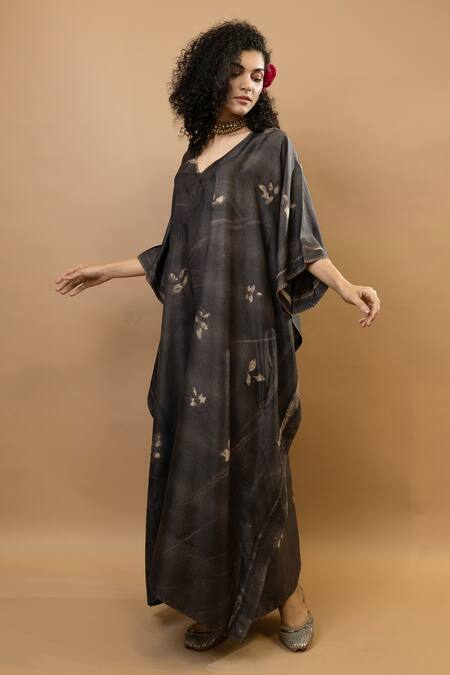Shop Krishna Mehta Black Silk V-neck Neelkant Long Kaftan Online at Aza Fashions Shop_Krishna Mehta_Black Silk V-neck Neelkant Long Kaftan _Online_at_Aza_Fashions