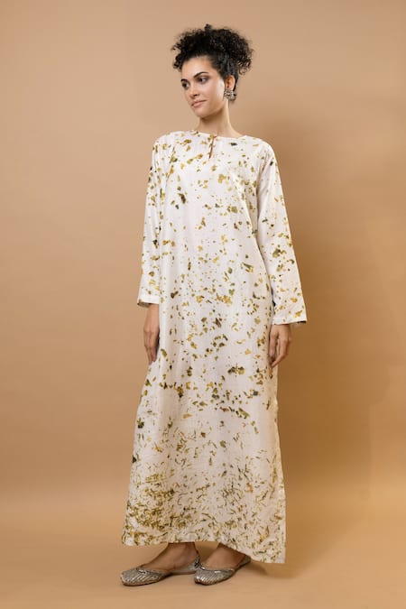 Shop Krishna Mehta Olive Green Silk Round Neck Elegant Long Kaftan Online at Aza Fashions Shop_Krishna Mehta_Olive Green Silk Round Neck Elegant Long Kaftan _Online_at_Aza_Fashions