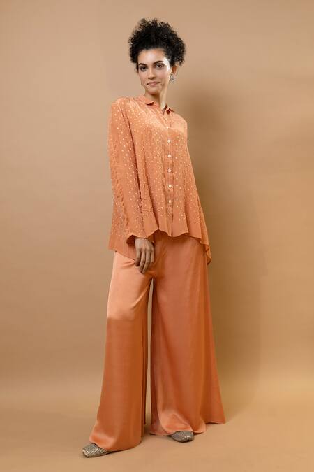 Krishna Mehta_Peach Silk, Modal Sequins Collared Bandhej Asymmetric Shirt Set_Online_at_Aza_Fashions