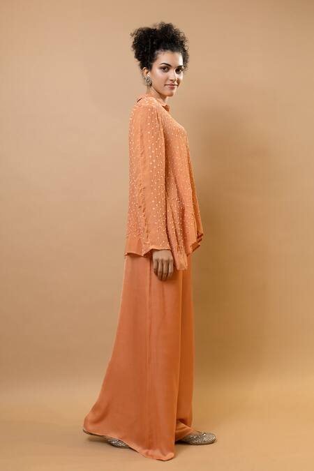 Buy_Krishna Mehta_Peach Silk, Modal Sequins Collared Bandhej Asymmetric Shirt Set_Online_at_Aza_Fashions