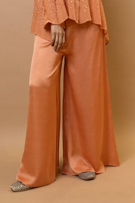 Shop_Krishna Mehta_Peach Silk, Modal Sequins Collared Bandhej Asymmetric Shirt Set_Online_at_Aza_Fashions