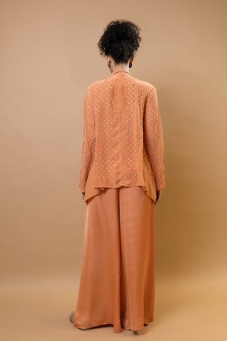 Shop_Krishna Mehta_Peach Silk Embroidery Collared Bandhej Asymmetric Shirt _at_Aza_Fashions