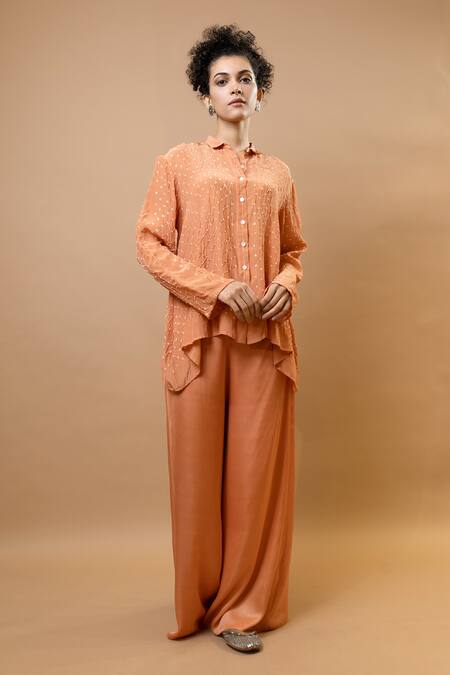 Krishna Mehta_Peach Silk Embroidery Collared Bandhej Asymmetric Shirt _at_Aza_Fashions