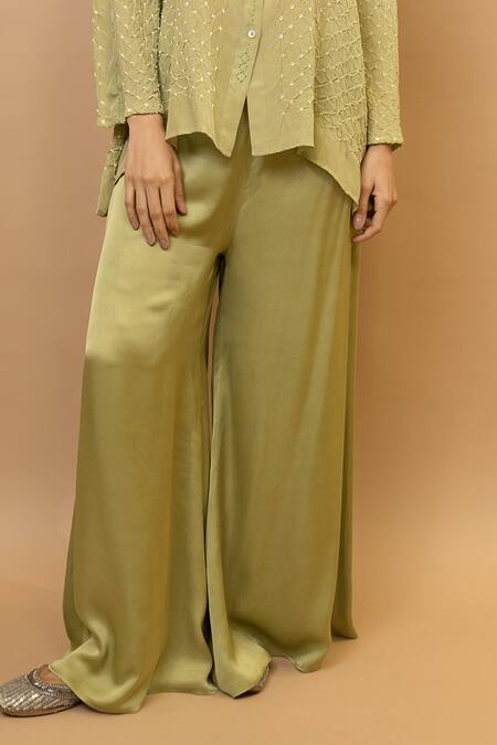 Krishna Mehta_Green Silk, Modal Embroidery Collared Pistachio Bandej Shirt And Wide Trousers Set_Online_at_Aza_Fashions