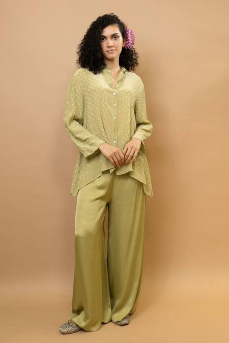 Buy_Krishna Mehta_Green Silk, Modal Embroidery Collared Pistachio Bandej Shirt And Wide Trousers Set_Online_at_Aza_Fashions