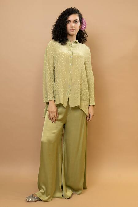 Shop_Krishna Mehta_Green Silk, Modal Embroidery Collared Pistachio Bandej Shirt And Wide Trousers Set_Online_at_Aza_Fashions