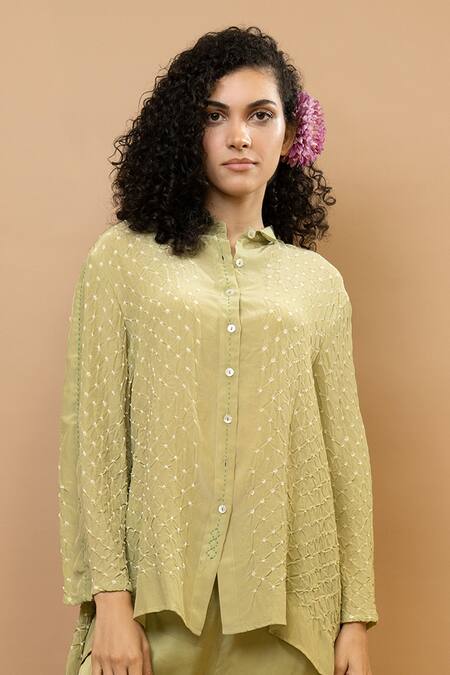 Buy_Krishna Mehta_Green Silk, Modal Embroidery Collared Pistachio Bandej Shirt And Wide Trousers Set