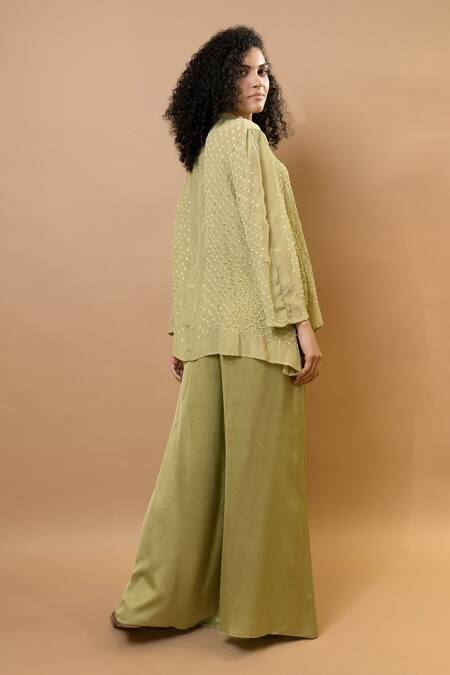Shop Krishna Mehta Green Silk Embroidery Collared Pistachio Bandhej Asymmetric Shirt at Aza Fashions Shop_Krishna Mehta_Green Silk Embroidery Collared Pistachio Bandhej Asymmetric Shirt_at_Aza_Fashions