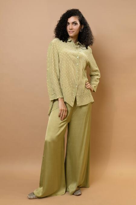 Krishna Mehta Green Silk Embroidery Collared Pistachio Bandhej Asymmetric Shirt at Aza Fashions Krishna Mehta_Green Silk Embroidery Collared Pistachio Bandhej Asymmetric Shirt_at_Aza_Fashions