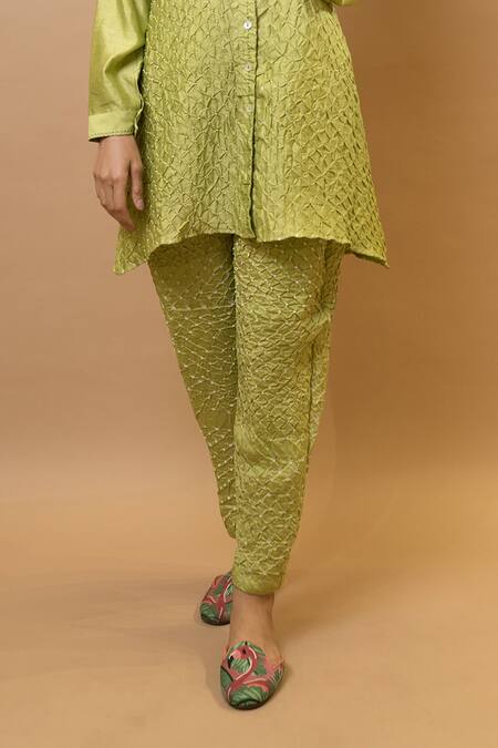 Shop_Krishna Mehta_Green Silk Collared Bandhej Tunic And Narrow Pants Set _Online_at_Aza_Fashions