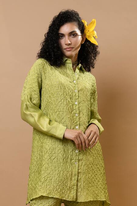 Buy_Krishna Mehta_Green Silk Collared Bandhej Tunic And Narrow Pants Set 