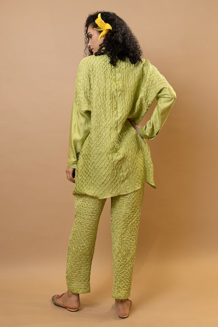 Shop_Krishna Mehta_Green Silk Collared Bandhej Tunic And Narrow Pants Set _at_Aza_Fashions