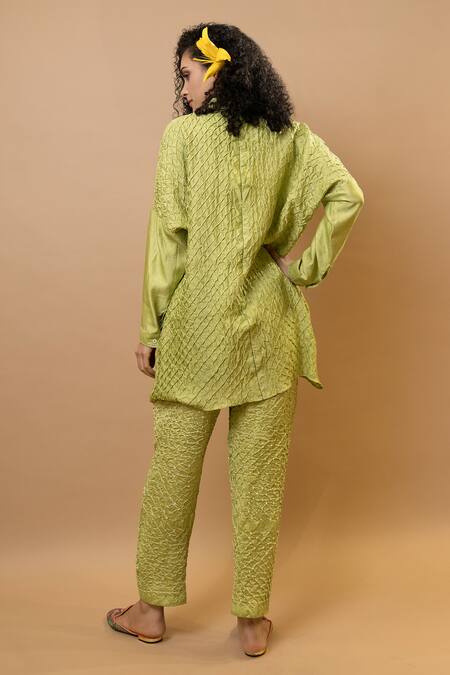 Shop Krishna Mehta Green Silk Collared Pistachio Bandej Shirt Tunic at Aza Fashions Shop_Krishna Mehta_Green Silk Collared Pistachio Bandej Shirt Tunic_at_Aza_Fashions