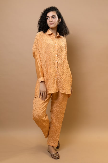 Krishna Mehta_Peach Silk Collared Bandhej Shirt Tunic Set _Online_at_Aza_Fashions
