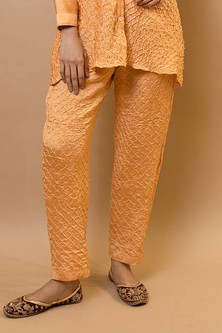 Shop_Krishna Mehta_Peach Silk Collared Bandhej Shirt Tunic Set _Online_at_Aza_Fashions
