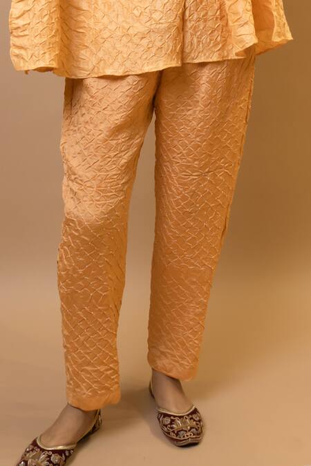 Shop Krishna Mehta Peach Silk Keyhole Neck Bandej Kaftan Set Online at Aza Fashions Shop_Krishna Mehta_Peach Silk Keyhole Neck Bandej Kaftan Set_Online_at_Aza_Fashions