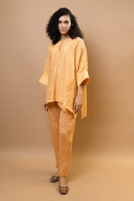 Krishna Mehta_Peach Silk Split V-neck Bandej Kaftan _Online_at_Aza_Fashions