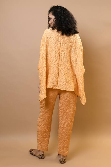 Shop_Krishna Mehta_Peach Silk Split V-neck Bandej Kaftan _Online_at_Aza_Fashions