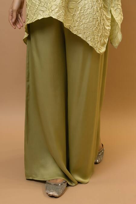 Krishna Mehta_Green Silk, Modal Round Neck Olive Bandhej Kaftan And Wide Trousers Set_Online_at_Aza_Fashions