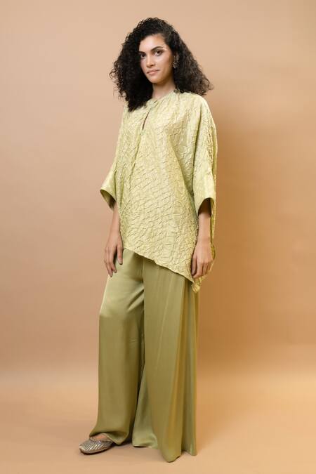Shop_Krishna Mehta_Green Silk, Modal Round Neck Olive Bandhej Kaftan And Wide Trousers Set_Online_at_Aza_Fashions
