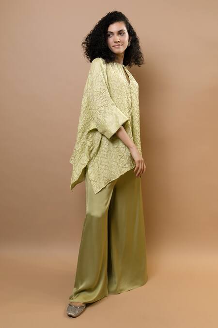 Krishna Mehta_Green Silk Embroidery Round Neck Olive Bandhej Kaftan Top_Online_at_Aza_Fashions