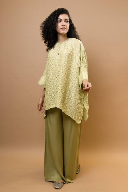 Buy_Krishna Mehta_Green Silk Embroidery Round Neck Olive Bandhej Kaftan Top_Online_at_Aza_Fashions
