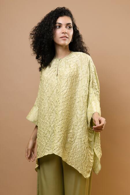 Shop_Krishna Mehta_Green Silk Embroidery Round Neck Olive Bandhej Kaftan Top_Online_at_Aza_Fashions