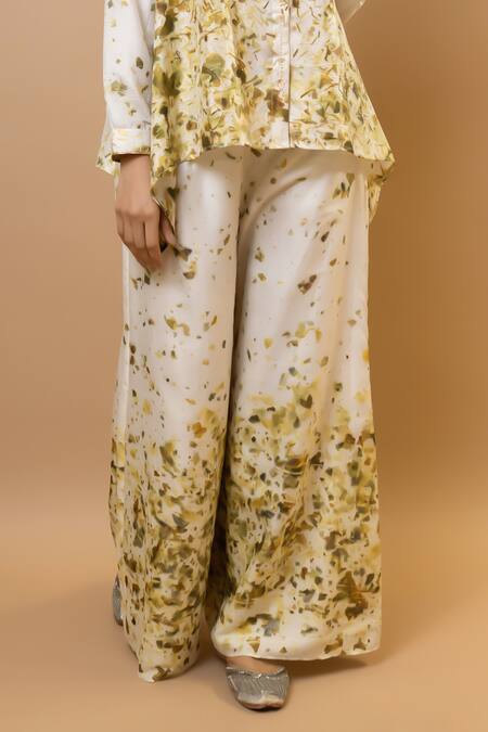 Buy Krishna Mehta Olive Green Silk Collared Asymmetric Shirt And Elastic Waist Trouser Set Online at Aza Fashions Buy_Krishna Mehta_Olive Green Silk Collared Asymmetric Shirt And Elastic Waist Trouser Set _Online_at_Aza_Fashions