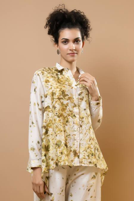 Shop Krishna Mehta Olive Green Silk Collared Asymmetric Shirt And Elastic Waist Trouser Set Online at Aza Fashions Shop_Krishna Mehta_Olive Green Silk Collared Asymmetric Shirt And Elastic Waist Trouser Set _Online_at_Aza_Fashions