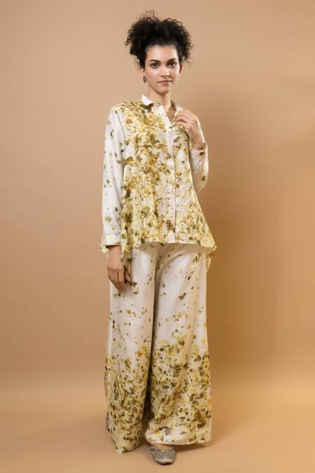 Krishna Mehta_Olive Green Silk Collared Asymmetric Shirt _Online_at_Aza_Fashions
