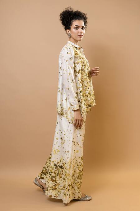 Buy_Krishna Mehta_Olive Green Silk Collared Asymmetric Shirt _Online_at_Aza_Fashions