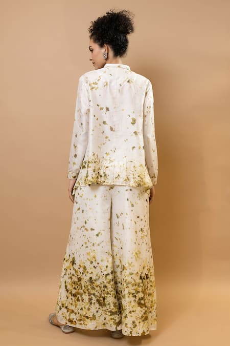 Shop_Krishna Mehta_Olive Green Silk Collared Asymmetric Shirt _at_Aza_Fashions